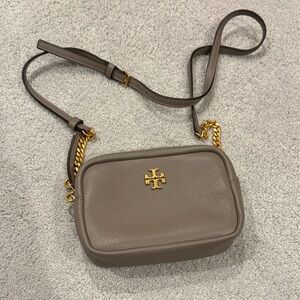 Tory Burch Taupe Pebbled Leather Crossbody with Gold Chain